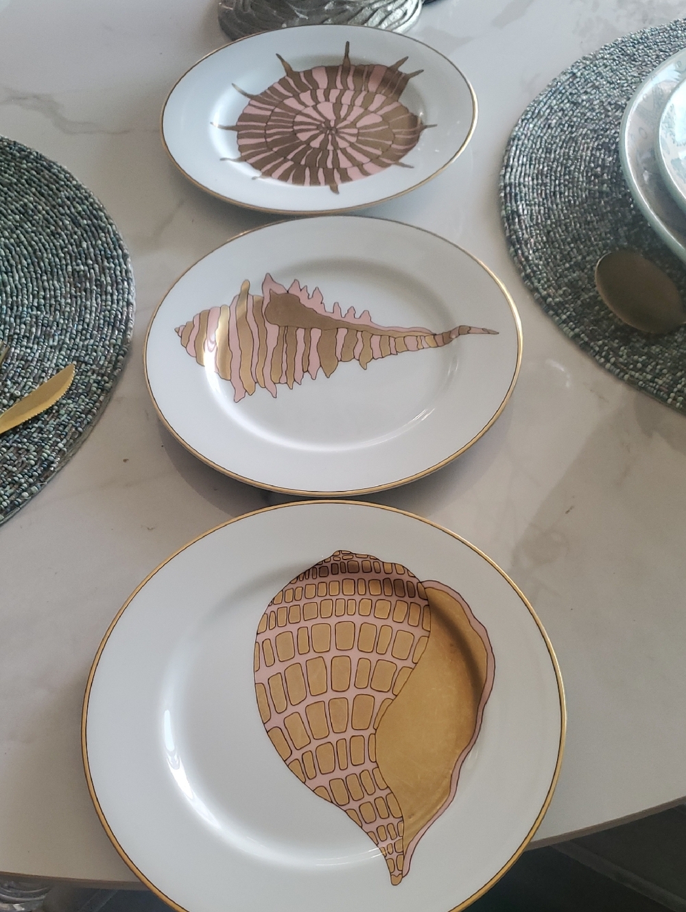 Fitz and Floyd White Dinner Plates with Gold & Pink Shell Motif